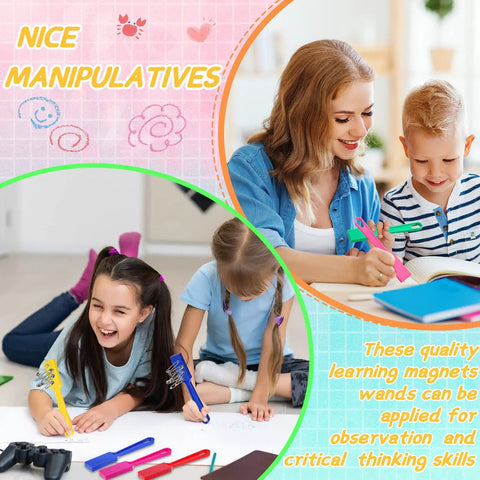 Children using Colorful Magnetic Wands Set For Classroom Learning Hands On 12 Piece Rainbow 8 Inch Wands For Preschool Science Experiments