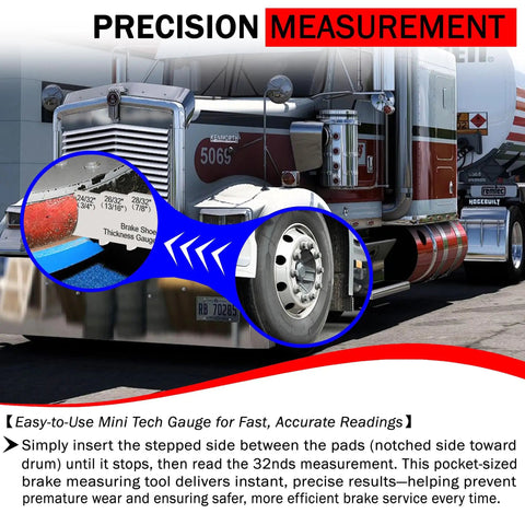 Heavy Duty Automotive Brake Pad Thickness Gauge And Drum Wear Checking Kit Featuring Precise 32nd Graduated Arms For Lightning Fast Visual Inspections On The Grind, shown measuring brake pad thickness.