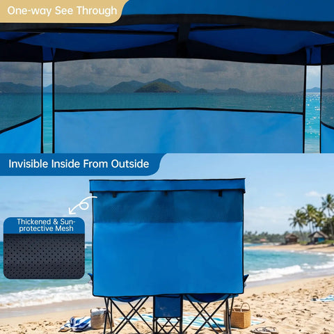 Double Beach Chair With Canopy Shade Built In Cooler Bag And Cup Holders Oversized Folding Loveseat For Outdoor Use 360 Degree Sun Protection With Side Shades Front And Back Flaps For Beach Lawn And Camping showing blue mesh canopy with one-way visibility and thickened sun-protective fabric at a sunny beach.