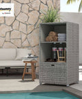 Valet Pool Towel Rack With Waterproof PE Plastic Rattan Wicker Storage Organizer For Indoor Outdoor Pools, Spas, And Hot Tubs, Towel Holder And Gear Caddy, 2 Shelves, 1 Basket Drawer, Mixed Gray by a poolside