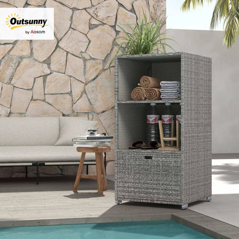 Valet Pool Towel Rack With Waterproof PE Plastic Rattan Wicker Storage Organizer For Indoor Outdoor Pools, Spas, And Hot Tubs, Towel Holder And Gear Caddy, 2 Shelves, 1 Basket Drawer, Mixed Gray by a poolside