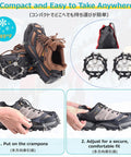 All Terrain Traction Crampons with 8 Stainless Steel Spikes on boots, non-slip ice grips, designed for snow and ice.