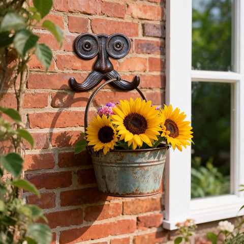 Badass Vintage Cast Iron Beard Shaped Wall Hook Kit holding a bucket of sunflowers on a brick wall for home decor.