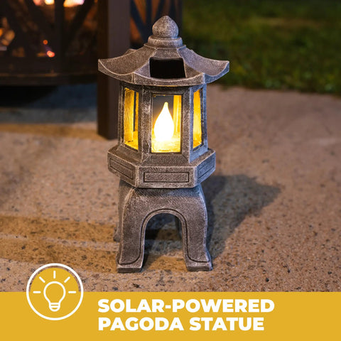 Solar Powered Pagoda Garden Statue With Flickering LED Lantern Outdoor Zen Decor For Calm Vibes In Your Yard Japanese Style Yard Light 13 Inch Tall Polyresin Pagoda With Auto On At Dusk
