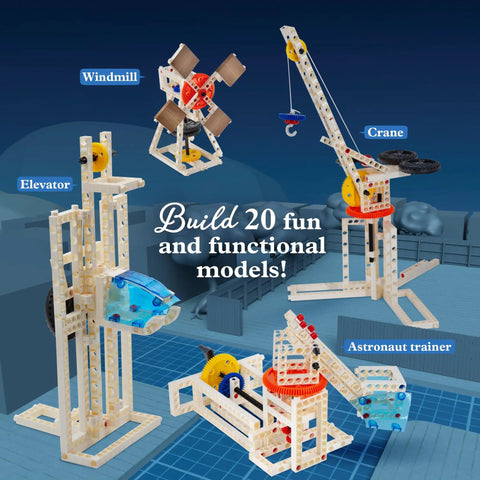 Kids Mechanical Engineering Kit Build 20 Mechanical Models And Vehicles Learn Force And Motion With Hands On STEM Projects For Ages 8 Plus Also Includes 22 Supplemental Experiments Durable Reconfigurable Building System showcasing models like elevator, windmill, crane, astronaut trainer.