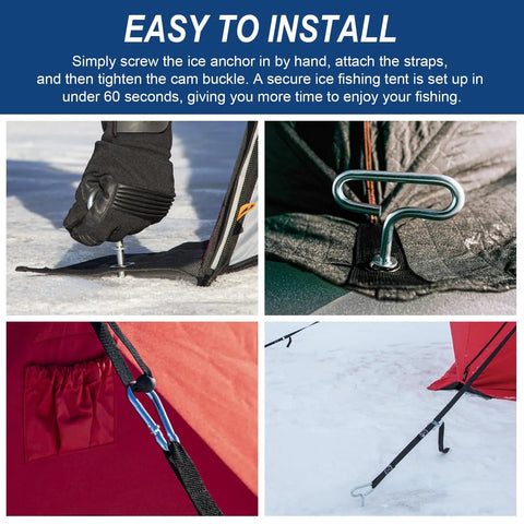 Deluxe Ice Fishing Shelter Tie Down Kit for Eskimo Tents with carabiner attachments, secure setup with high carbon steel stakes