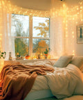 Cozy bedroom with 240 LED 88ft connectable string lights indoor outdoor warm white fairy lights with timer for bedroom patio wedding tree decor.