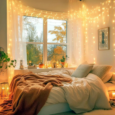 Cozy bedroom with 240 LED 88ft connectable string lights indoor outdoor warm white fairy lights with timer for bedroom patio wedding tree decor.
