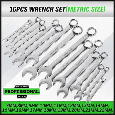 Pro Grade 32-Piece Combination Wrench Set SAE And Metric One Quarter Inch To One Inch And Seven Millimeter To Twenty-Two Millimeter 12-Point Chrome Vanadium Steel For Heavy Duty Auto And Industrial Jobs, 16 pieces metric size shown