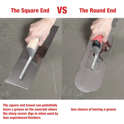 Comparison of square end vs round end in Pro Grade Stainless Steel Pool Trowel Set With Soft Grip Handles And Finishing Trowels in use