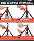Steps to change mandrel on 16 Inch Rivet Nut Tool Kit with 12 SAE and Metric Mandrels, tool-free quick change mechanism.