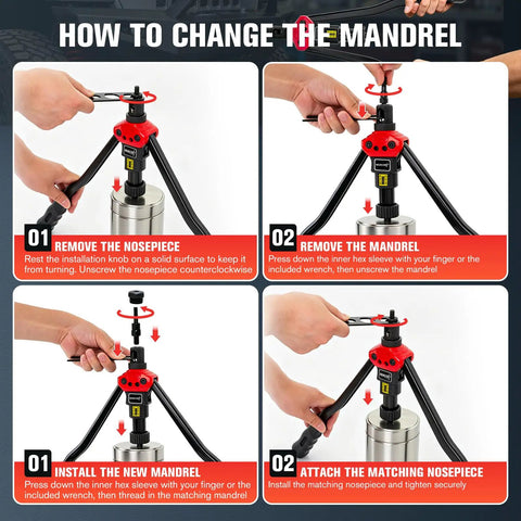 Steps to change mandrel on 16 Inch Rivet Nut Tool Kit with 12 SAE and Metric Mandrels, tool-free quick change mechanism.