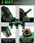 Heavy Duty Three Way Garden Hose Splitter With Shutoff Valve No Fuss And Three Quarter Inch GHT Threads Durable ABS With Metal Inlets And Outlets T Adapter Connector Outdoor Faucet Splitter Leak Free Easy To Use Green, 3-way view