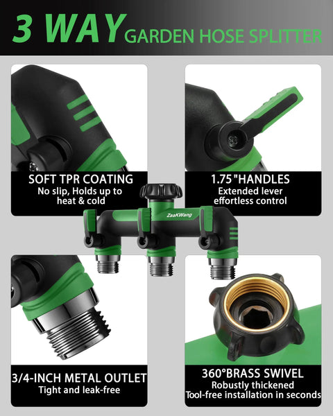 Heavy Duty Three Way Garden Hose Splitter With Shutoff Valve No Fuss And Three Quarter Inch GHT Threads Durable ABS With Metal Inlets And Outlets T Adapter Connector Outdoor Faucet Splitter Leak Free Easy To Use Green, 3-way view