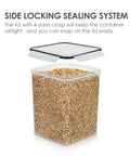 4 Pack Big Food Storage Canisters 5.2L Airtight BPA Free Plastic For Flour Sugar Rice With Lids Includes 4 Measuring Cups And 24 Labels Pantry Organization Black showing one canister with open lid filled with oats