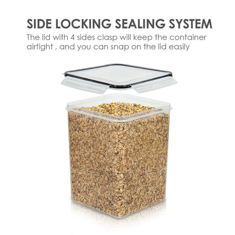 4 Pack Big Food Storage Canisters 5.2L Airtight BPA Free Plastic For Flour Sugar Rice With Lids Includes 4 Measuring Cups And 24 Labels Pantry Organization Black showing one canister with open lid filled with oats