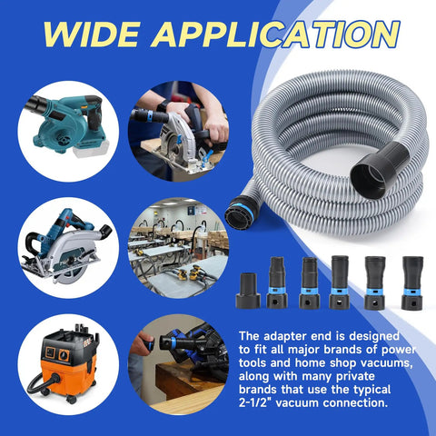 16 Ft Dust Collection Hose Kit For Home And Workshop Vacuum Systems With 1 1/4 Inch Hose displayed with adapters and vacuum tools
