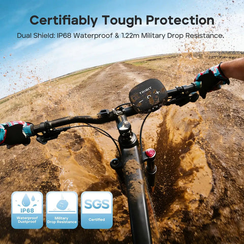 Cyclist using StormBox Micro 3 Portable Bluetooth Speaker With IP68 Waterproofing on muddy trail