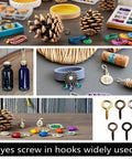 Sweet Gear Mini Screw Eye Hooks Rolling As A Hella Thick 750 Piece Multicolor Stash Built Tough For Easy DIY Jewelry Making Resin Crafts And Hanging Lightweight Parts displayed with craft projects and accessories.
