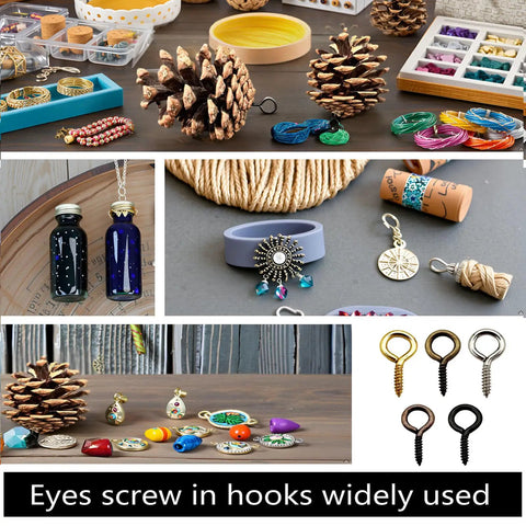 Sweet Gear Mini Screw Eye Hooks Rolling As A Hella Thick 750 Piece Multicolor Stash Built Tough For Easy DIY Jewelry Making Resin Crafts And Hanging Lightweight Parts displayed with craft projects and accessories.