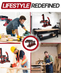 Lifestyle use of Universal M18 18V Tool Organizer Rack for five cordless tools, mounted in workshop with drills and saws.
