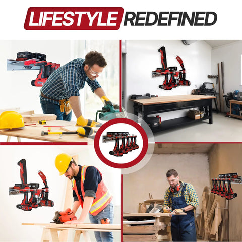 Lifestyle use of Universal M18 18V Tool Organizer Rack for five cordless tools, mounted in workshop with drills and saws.