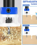 Close-up of Four Piece Pro Grade Countersink Drill Bit Set with depth stop, HSS M2 tapered bits, and hex shank for woodworking.