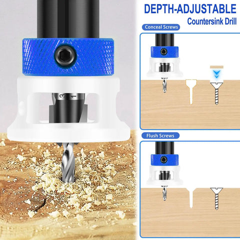 Close-up of Four Piece Pro Grade Countersink Drill Bit Set with depth stop, HSS M2 tapered bits, and hex shank for woodworking.