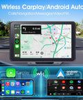 7 Inch HD Wireless CarPlay Screen For Cars With Android Auto showing map and app icons, portable touchscreen dash unit
