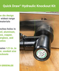 Quick Draw Hydraulic Knockout Kit showcasing 2-inch punch for steel, aluminum, brass, and plastic holes, featuring die design
