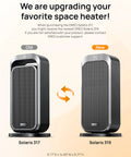Comparison between Solaris 317 and Solaris 319 space heaters with updated design, showcasing new features and dimensions.