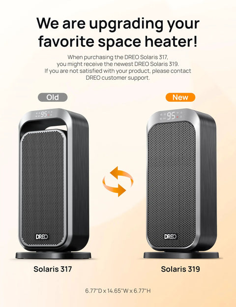 Comparison between Solaris 317 and Solaris 319 space heaters with updated design, showcasing new features and dimensions.