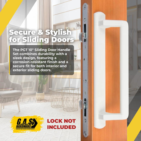 Ten Inch Exterior Sliding Glass Door Handle Replacement For Patio Doors White Finish Durable Diecast Construction Ideal For Exterior Sliding Glass Door Replacement On Homes And Offices Providing Smooth Operation And Secure Latching, close-up view