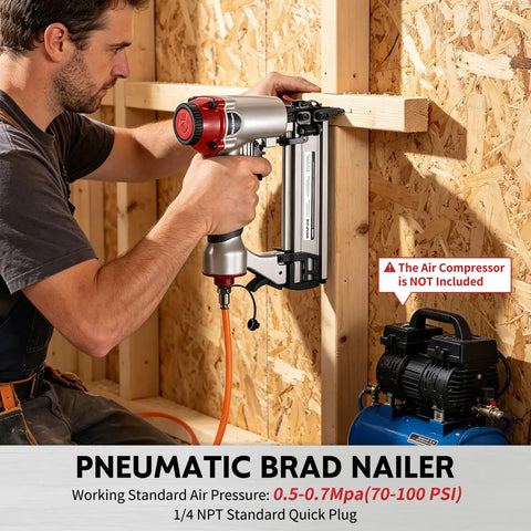 Man using Built Different 2 In 1 Pneumatic Brad Nailer And Narrow Crown Staple Gun Kit for woodworking on wall.