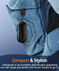 Case for High Fidelity Concert Ear Plugs for Loud Music Lovers and Musicians, Silicone Reusable Earplugs attached to blue bag.