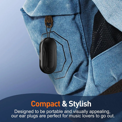 Case for High Fidelity Concert Ear Plugs for Loud Music Lovers and Musicians, Silicone Reusable Earplugs attached to blue bag.