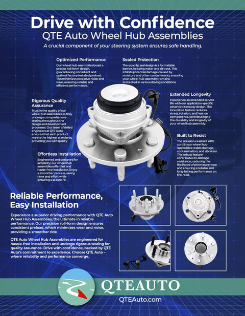 Front Wheel Hub Assembly Replacement Pack of 2 for 1997-2001 Cadillac DeVille, Eldorado, Seville, 1st Design Without Heavy Duty Suspension, Sealed Ball Bearing, Wire Clip Included. Features and benefits diagram with wheel hub images and QTE Auto branding.