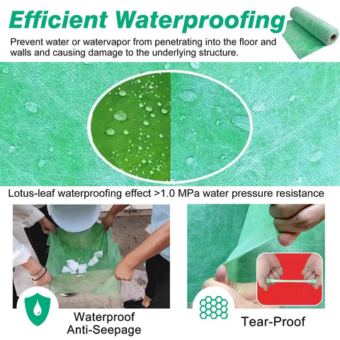 Heavy Duty Waterproof Membrane Roll For Indoor Outdoor Projects Built To Last, showing water resistance and flexibility tests.