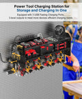 Power Tool Organizer Wall Mount With Built In Charging Station, includes 8 Outlet Power Strip, 3 USB PD Ports, 8 Drill Holders