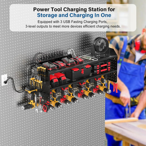 Power Tool Organizer Wall Mount With Built In Charging Station, includes 8 Outlet Power Strip, 3 USB PD Ports, 8 Drill Holders