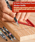 Handy 0.7mm Mechanical Pencil Mini Carpenter Square With 90 Degree Fixed Miter Pin in use for precise woodworking marking