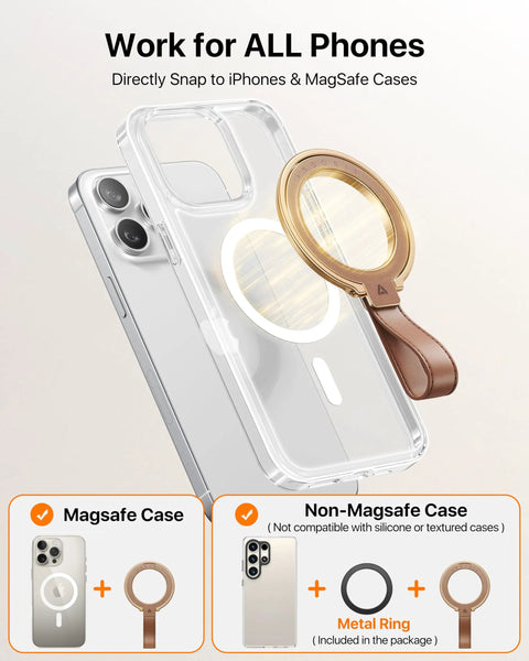 Premium Top Grain Leather MagSafe Phone Grip Holder With Beefy Metal Kickstand And Hella Strong Magnets for easy attachment to iPhones and MagSafe cases.