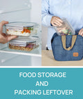 5 Pack 22oz Glass Meal Prep Containers with Snap Airtight Lids being used for food storage in fridge and packed in blue lunch bag.