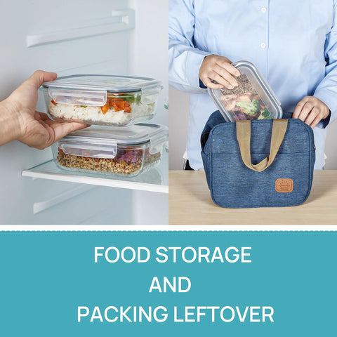 5 Pack 22oz Glass Meal Prep Containers with Snap Airtight Lids being used for food storage in fridge and packed in blue lunch bag.