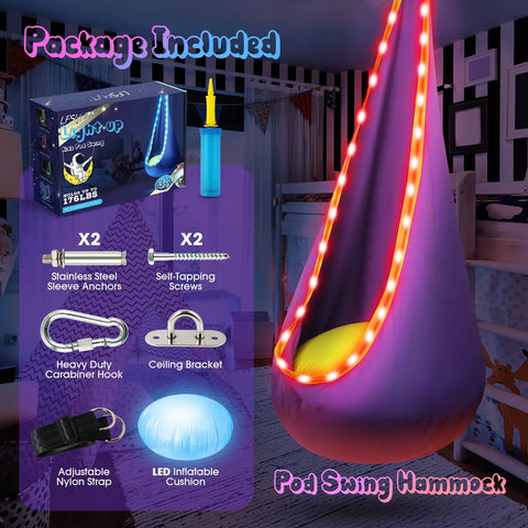 Light Up Kids Pod Swing Chair with LED Lights showing hammock, remote, and mounting accessories in bedroom setting