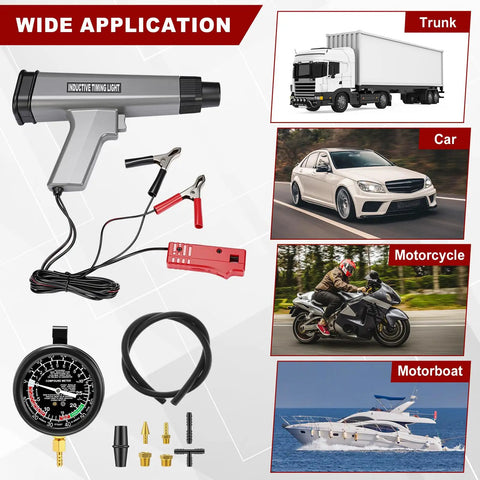 12V Digital Timing Light With Tachometer And Advance Angle Inductive Ignition Timing Light Gun Vacuum And Fuel Pump Tester Gauge Leak Pressure Diagnostics Kit For Car Motorcycle Marine All In One Pro Grade Workshop Ready Emergency Diagnostic Tool with truck, car, motorcycle, boat use