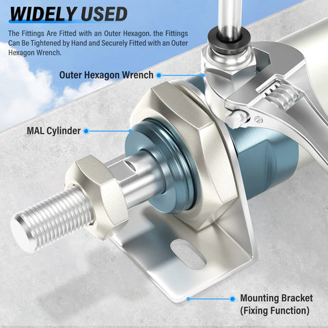 Close-up of a mounted MAL cylinder with hexagon wrench fitting for secure installation, highlighting fixing function on a bracket.