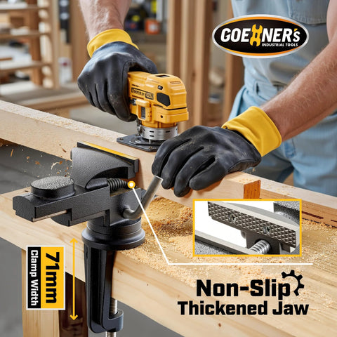 Bench vise installed on wood workbench; 7-inch clamp width and non-slip textured jaws.