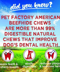 Image highlighting benefits of Pet Factory American Beefhide Chews, easily digestible, improves dog's dental health, text over landscape.
