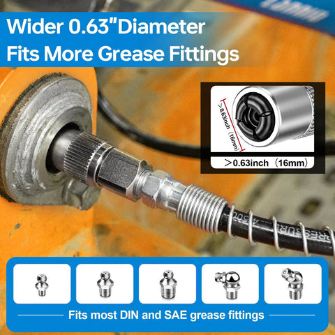 Heavy Duty 4 Jaw Quick Release Grease Gun Coupler with secure lock in use, connected to machinery, 0.63 inch diameter